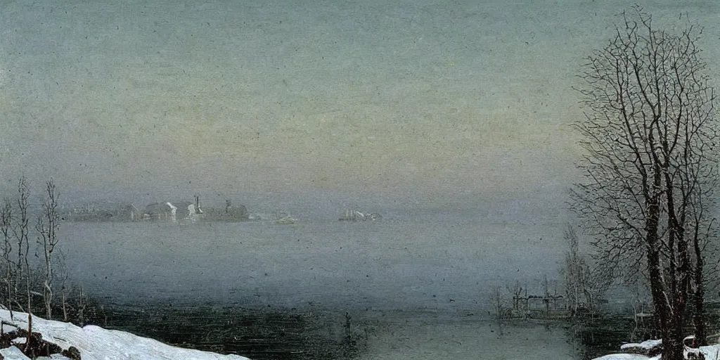 Image similar to an impasto oil painting of a lakehouse in the winter painted by caspar david friedrich, high detail,