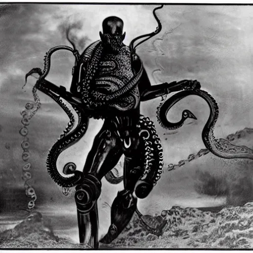 Image similar to old black and white photo, 1 9 1 3, depicting bruce willis in combat armor with guns, shooting biomechanical octopus, historical record, tentacles around