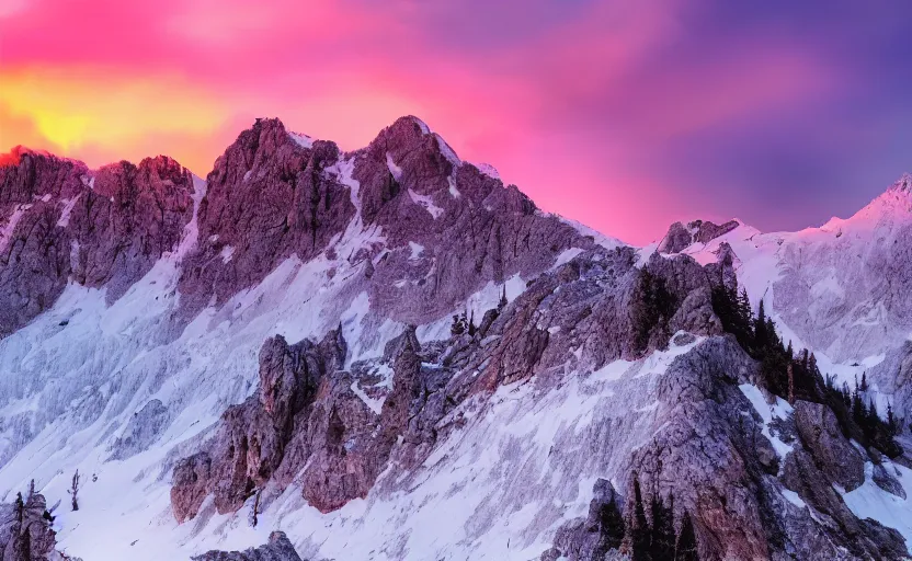 Image similar to beautiful mountain landscape, vaporwave, sunset, professional photography