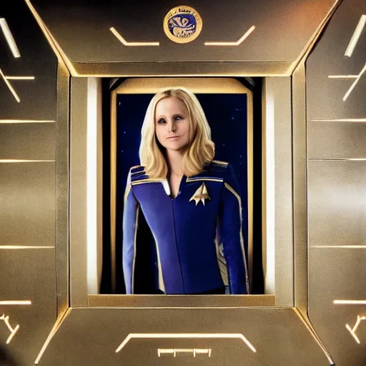 Image similar to a beautiful full body photograph of kristen bell as a star fleet officer from star trek next generation, extreme realism and detail, 8 k, completely framed, direct lighting, 3 5 mm photo, photorealistic, sharp focus