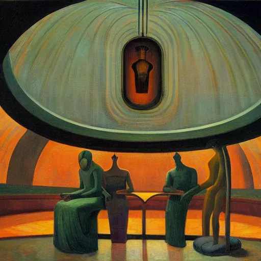 Image similar to three brutalist robotic seers watchers oracles soothsayers inside a dome, pj crook, grant wood, edward hopper, syd mead, oil on canvas