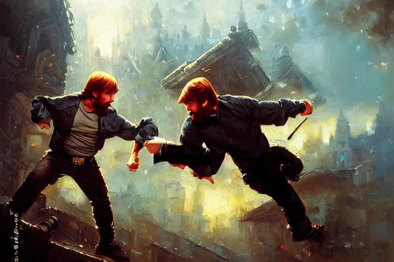 Image similar to chuck norris kicking a ninja out a window, an oil painting by ross tran and thomas kincade