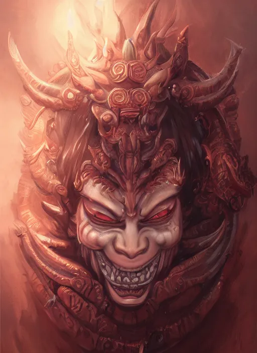 Image similar to a beautiful detailed oil on copper art illustration of a oni hannya mask shogun dragon devil woman, centered, by charlie bowater, zeng fanzh, trending on artstation, dim dusk lighting, cinematic lighting, detailed lighting, volumetric lighting, realistic, f 8, 4 k hd wallpaper