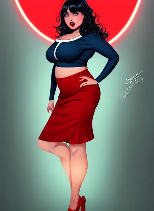 Image similar to full body portrait of teenage veronica lodge, obese, bangs, sultry, realistic, sultry smirk, wavy hair, red skirt, fat, belly, intricate, elegant, glowing lights, highly detailed, digital painting, artstation, concept art, smooth, sharp focus, illustration, art by wlop, mars ravelo and greg rutkowski