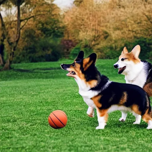 Prompt: two corgis playing basketball