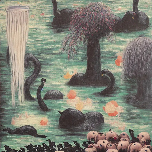 Image similar to painting of flood waters inside an apartment, emo catgirl art student, a river flooding inside, taps with running water, tangelos, zen, pigs, ikebana, water, river, rapids, waterfall, black swans, canoe, pomegranate, berries dripping, acrylic on canvas, surrealist, by magritte and monet