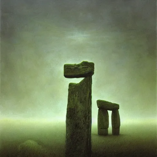 Prompt: arm reaching out of thick fog, floating stonehenge, zdzislaw beksinski