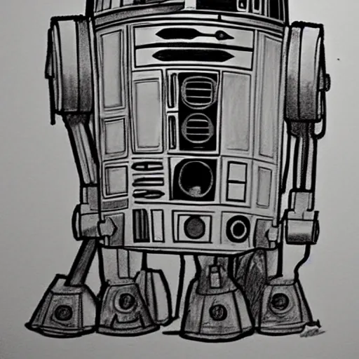 Image similar to full body black and white pencil sketch of muscular R2D2