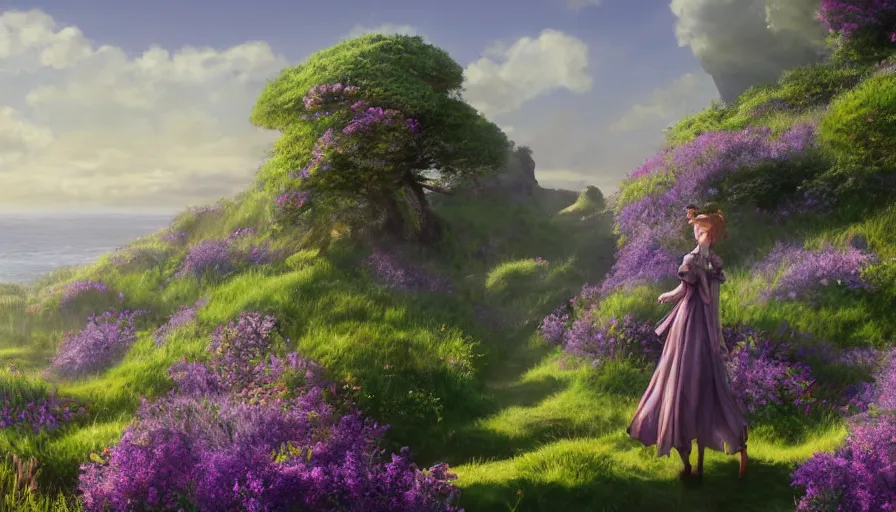 Prompt: over the shoulder landscape midjourney painting of violet evergarden standing on a distant colorful flower hill, behind it a distant old european city leiden from violet evergarden next to the reflecting ocean, ocean, sunshine, fantasy, intricate, elegant, highly detailed, digital painting, artstation, blender, unreal engine 5, octane render, smooth, sharp focus, illustration, by Anton Fadeev and Philipp A. Urlich and Pengzhen Zhang and Andreas Rocha