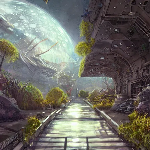 Image similar to space utopia where the path ways are filled with fauna, intricate building design, dynamic lighting, photorealistic fantasy concept art, trending on art station, stunning visuals, creative, cinematic, ultra detailed, ray tracing, sun rays