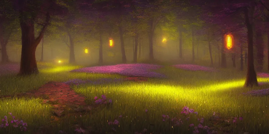 Image similar to fireflies in deep woods inspired by Evgeny Lushpin,flower meadow,spring,cinematic,trending on ArtStation