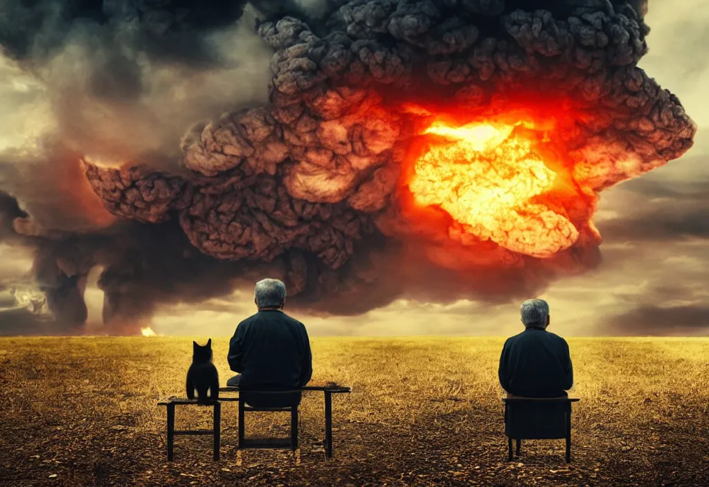 Image similar to old man sitting with black cat watching nuke explosion close up shot from behind, cinematic movie close up shot from behind, background blur bokeh, world ending nuke, 4 k