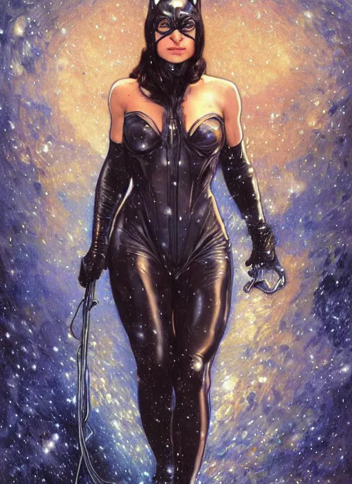 Image similar to epic muscled Mila Kunis as Catwoman walking out of a deep dark cave, puffy warm wooly clothing,stormy snowy winter, blue fireflies, nebula background, torches, fantasy, intricate, elegant, highly detailed, tasteful art by artgerm and donato giancola and alphonse mucha, WLOP