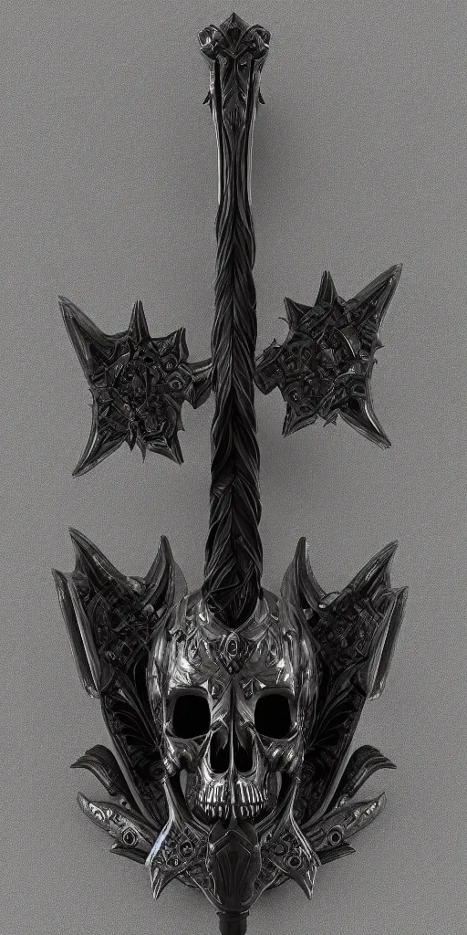 Image similar to a black and silver sword skull crest, ornament, simple weapon, a 3 d render by dom qwek, front side, concept art, trending on polycount, artstation, hard surface modeling, rendered in maya, zbrush, hd, vray, blizzard, symmetry
