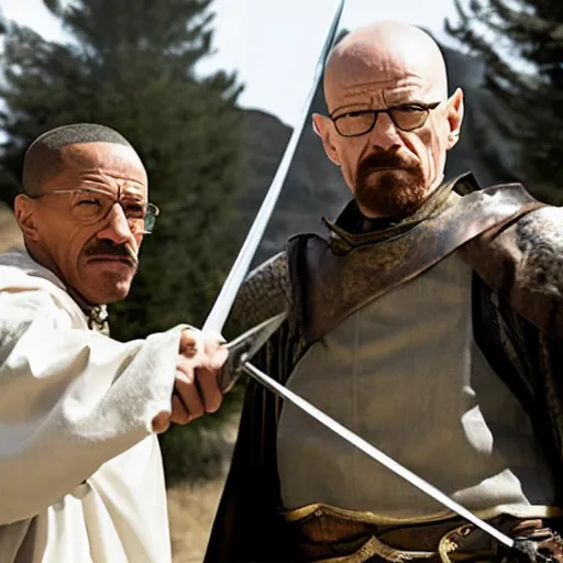 Image similar to walter white and gustavo fring dress like a knights from game of thrones, dueling with swords, cinematic, highly - detailed, 8 k, hbo, game of thrones, realistic