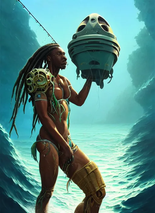 Image similar to portrait of a jamaican fisherman sci - fi fishing armor muscular cyberpunk dreadlocks intricate elegant highly detailed digital painting artstation concept art, ocean splashing background, greg rutkowski, loish, rhads, ferdinand knab, makoto shinkai and lois van baarle, ilya kuvshinov, rossdraws, tom bagshaw