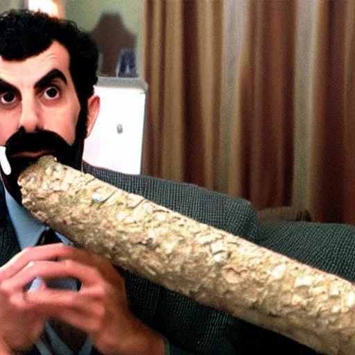 Image similar to Borat smoking a giant joint, 8k, smoke, hyper-detailed, cinematic