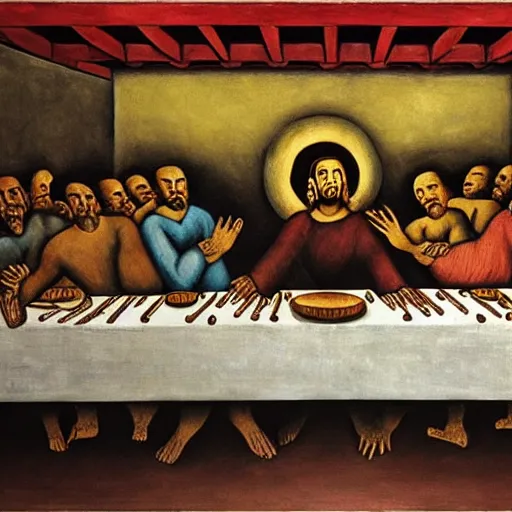 Prompt: the last supper painted by David Alfaro Siqueiros detailed, hyper-detailed, very realistic