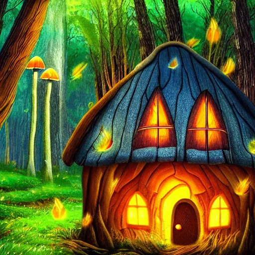 Image similar to little mushroom house with doors and windows magical forest landscape with fireflies, detailed luminescent painting 4 k