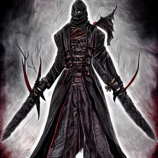 Prompt: Magic the gathering card of Male Victorian Gothic Ninja, with text, hd, intricate, bloodborne, 8k, digital art