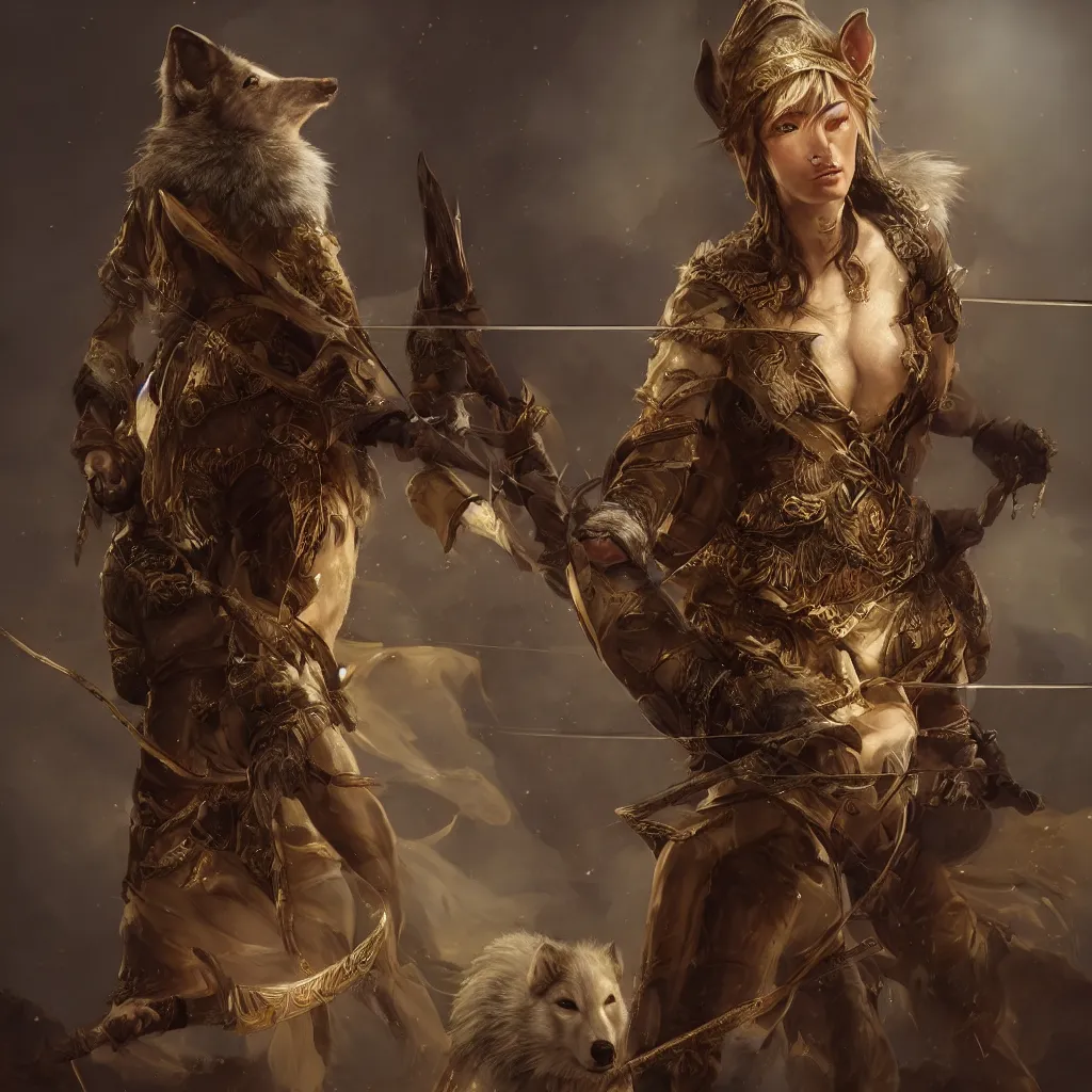 Prompt: Photorealistic fantasy portrait of one single female D&D elf ranger holding a longbow. A pet wolf. Magical occult photorealism, UHD, amazing depth, glowing, golden ratio, 3D octane cycle unreal engine 5, volumetric lighting, cinematic lighting, cgstation artstation concept art