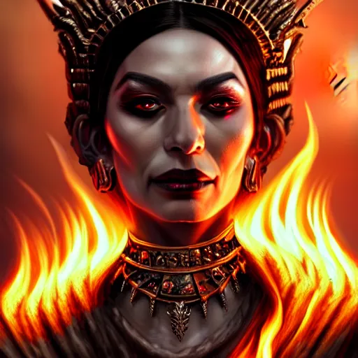 Image similar to Closeup of realistic Sumerian Death Queen with small bones covering vest and flowing fire and smoke , fantasy, intricate, elegant, highly detailed, digital painting, artstation, concept art, matte, sharp focus, illustration, hearthstone, art by Artgerm and Greg Rutkowski and peter mordenbacher