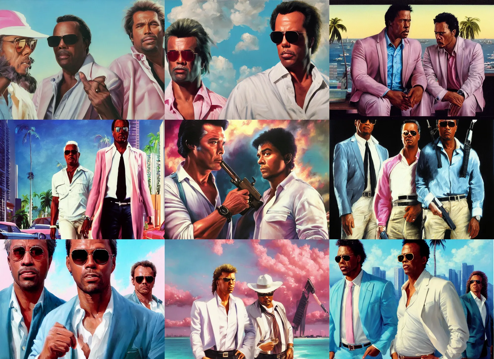 Prompt: an oil painting portrait of crockett and tubbs in eighties miami vice, ultra realistic, highly detailed faces, true life, 8 k, masterpiece, cinematic by frank frazetta, greg rutkowski, christian macnevin, beeple, wlop, krenz cushart, epic character art, volumetric lighting, pink white turquoise