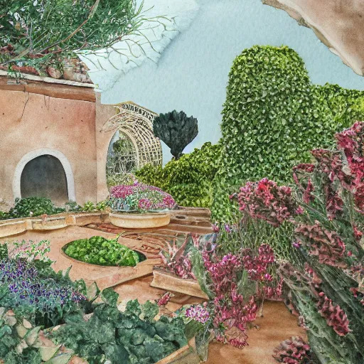 Prompt: delicate garden on paper, spirals stony, floating robes, puffy, vines, botanical herbarium, botanic watercolors, coastline, iridescent, 8 k wide angle, realistic shaded, fine details, artstation, italian, rainbow, colonnade, oak, pinecone, gardena architecture, pompeii, naples, sicilian, boundary walls