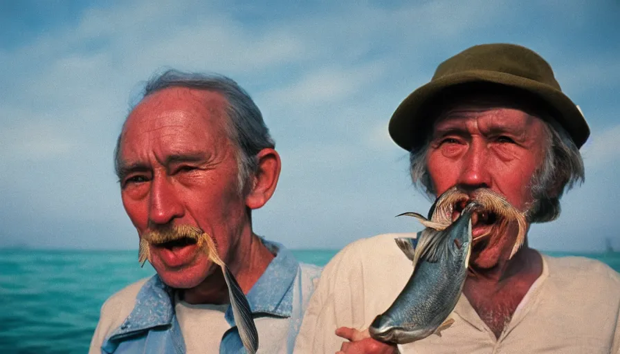 Prompt: 7 0 s movie still portrait of an old man. his mouth is full of fish. cinestill 8 0 0 t 3 5 mm technicolor, heavy grain, high quality, high detail