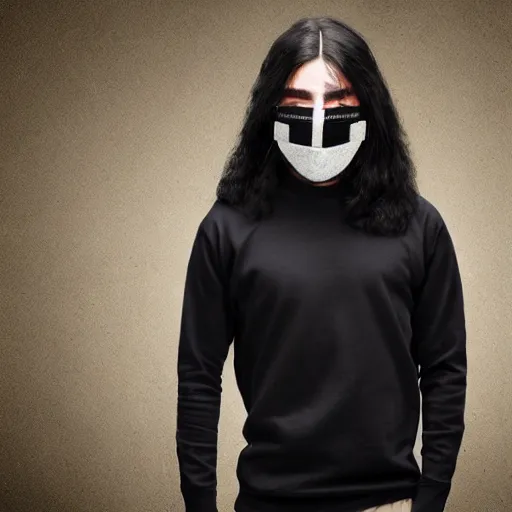 Image similar to professional fantasy digital art of a young adult man with slightly long hair wearing a black face mask and a form-fitting dark sweatshirt, high quality, HD, 8K, highly detailed, award-winning, dark color palette