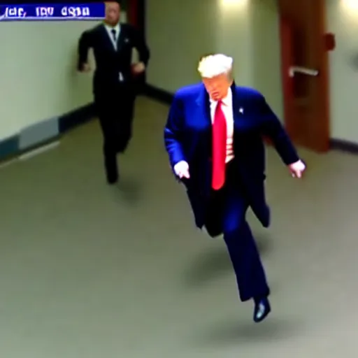 Prompt: cctv footage of donald trump running away from fbi agents