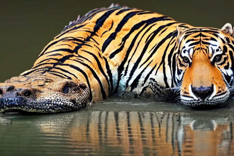 Prompt: an alligator tiger!!! hybrid! hyper realistic!! realistic lighting!! wildlife photographer of the year!!! bold natural colors, national geographic, hd, wide angle, 8 k