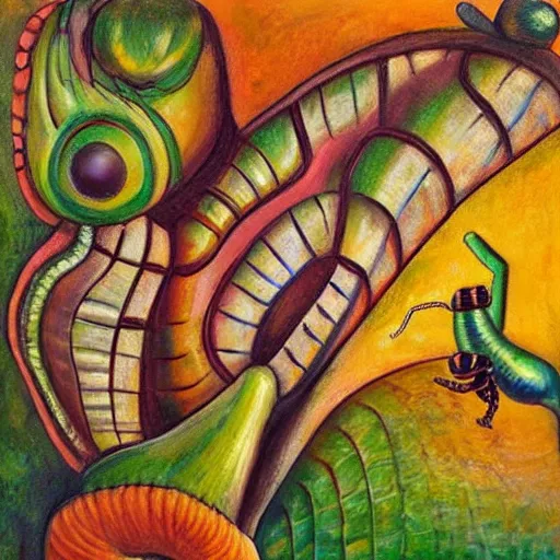 Prompt: modern surrealism portrait of a giant caterpillar boxing a butterfly