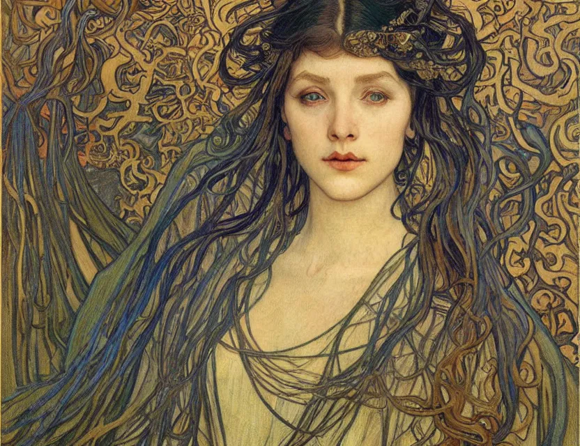 Image similar to detailed realistic beautiful young medieval queen face portrait by jean delville, alphonse mucha, vincent van gogh, and marco mazzoni, art nouveau, symbolist, visionary, gothic, pre - raphaelite