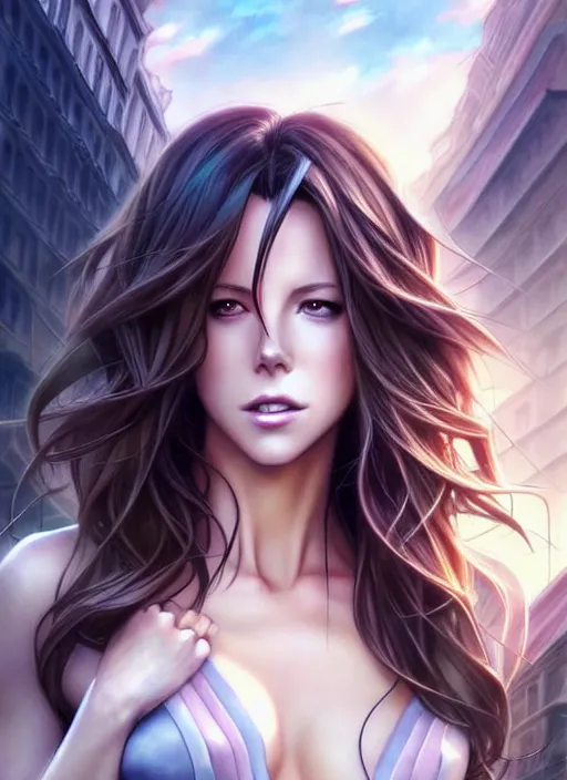 Image similar to beautiful city kate beckinsale, anime style only, scenery wallpaper aesthetic, pastel colors only, symmetrical face and full body, cinematic, dramatic, joyful, super detailed and intricate, hyper realistic, by artgerm, by kyoung hwan kim, by ralph mcquarrie, by yoshiyuki tomino