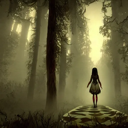 Image similar to realistic artnouveau style american mcgee's alice madness returns layers of fear style in a foggy twisted forestsharp focus very detailed 8 k cinematic