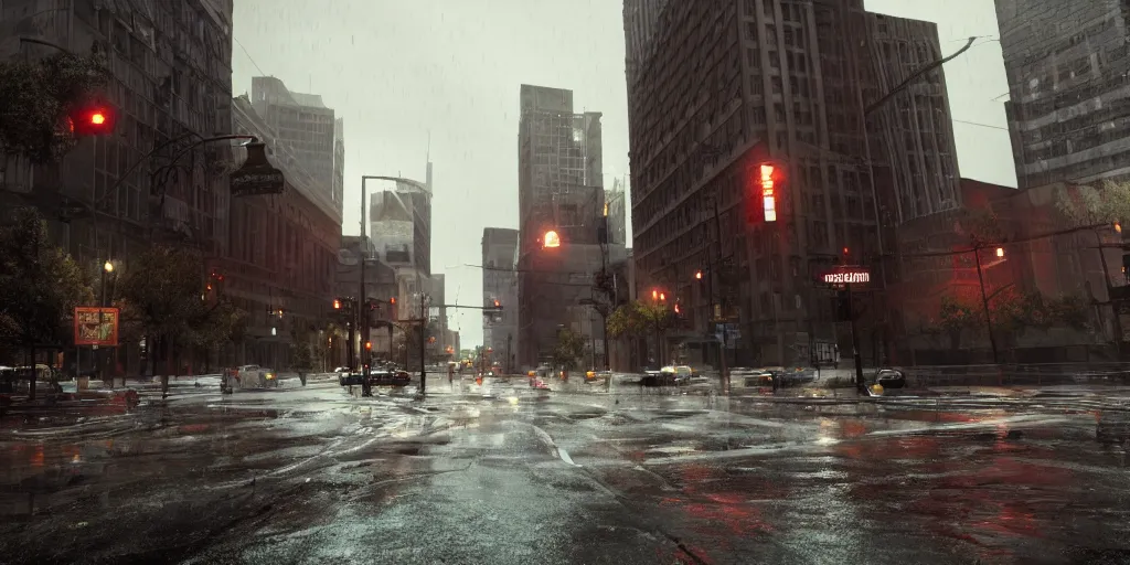 Prompt: guillermo del toro's downtown denver with heavy rain, cinematic, ultra - realistic, ultra - detailed, octane render, unreal engine 5, depth of field