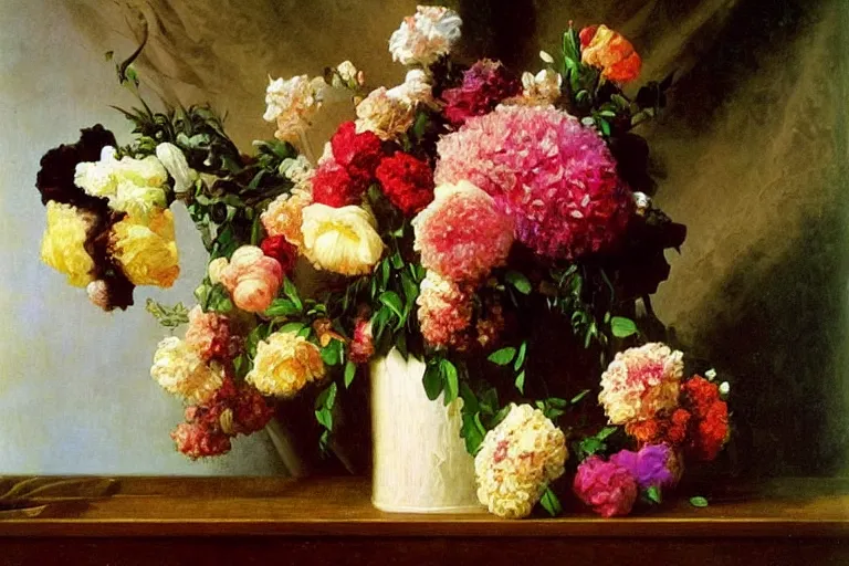 Prompt: vase of melting flowers, surreal oil painting, luminous, highly detailed, dream like, made by frederic leighton, jan davidsz