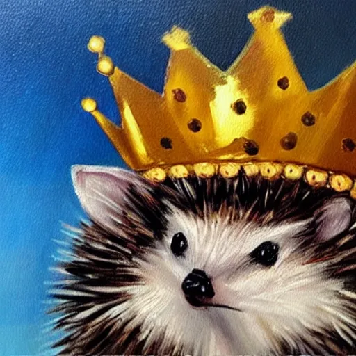 Prompt: Beautiful Oil painting of a Hedgehog with a crown