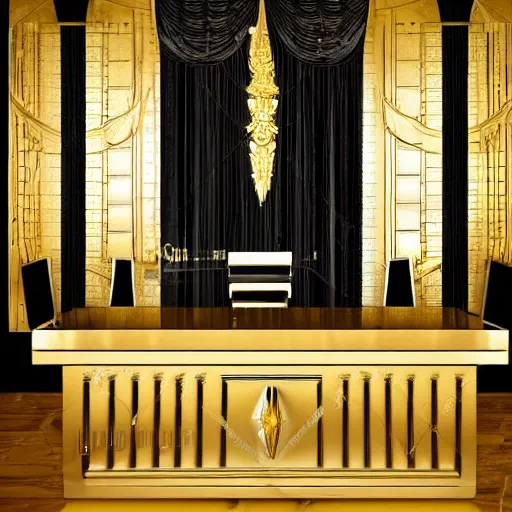 Prompt: art deco black and gold courtroom, sinister, dark, oppressive, low angle