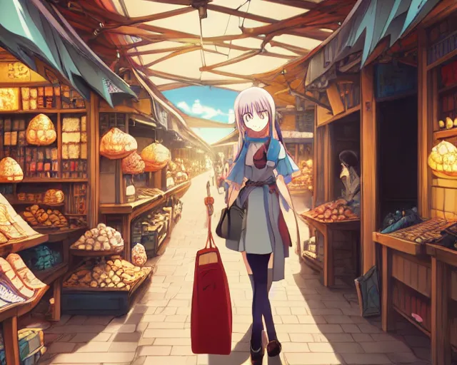 Prompt: anime visual, portrait of a young female traveler in an open medieval market shopping, cute face by katsura masakazu, yoh yoshinari, cinematic luts, cold studio lighting, dynamic pose, dynamic perspective, strong silhouette, anime cels, murata range, cel shaded, rounded eyes