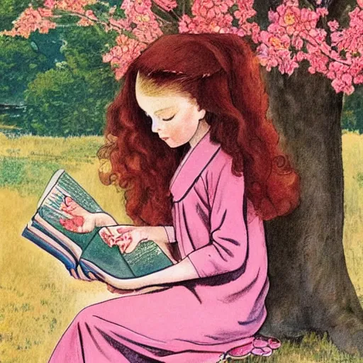 Image similar to beautiful little girl with long curly red hair dressed in a pink kimono and sitting next to a tree while reading a book, artwork made in western comic art style, inspired in balthus, anatomically correct, higher details