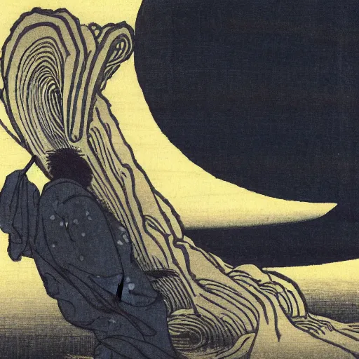 Prompt: man oducted by alien ufo at night by hokusai