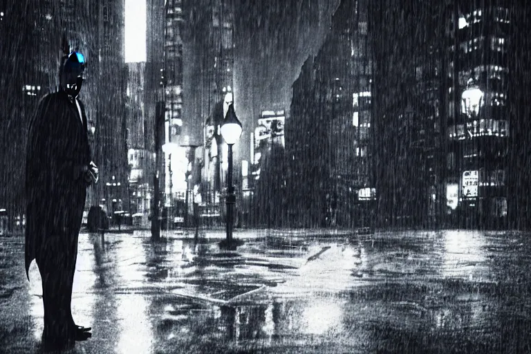 Prompt: portrait shot of the batman in classic suit in a dark rainy gotham city street, film camera, insanely detailed, 4 k