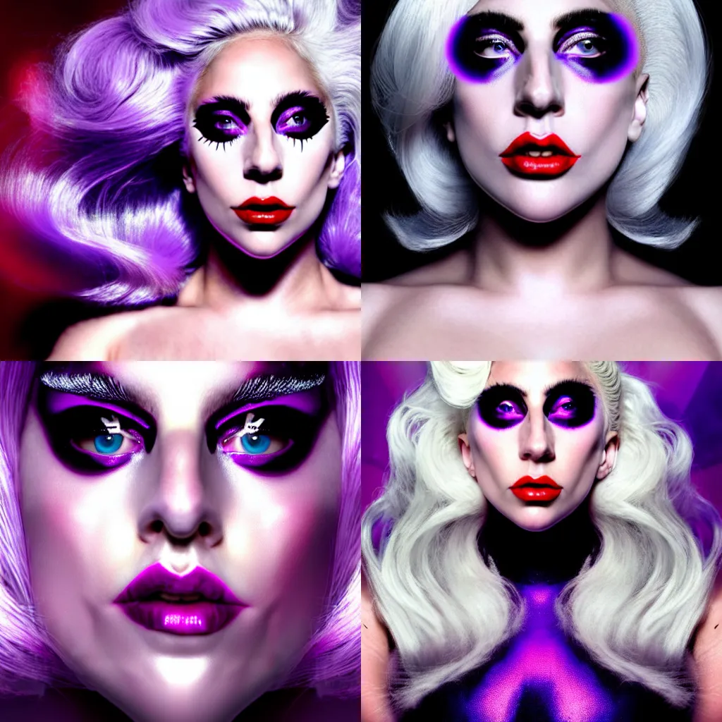 Prompt: lady gaga, partial cyborg, pale skin and purple eyes, white blonde hair, red lips, staring into the camera, high fantasy art movie poster, ultra hd, cinematic lighting,