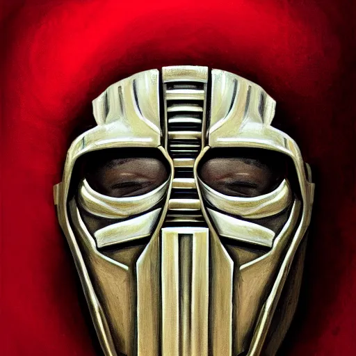 Image similar to portrait of mf doom, dr. doom metal steel mask, dark skin underneath. red t - shirt, beige complex background, intricate, elegant, highly detailed, digital painting, artstation, concept art, smooth, sharp focus, illustration, by anato finnstark, boissb - blanca. j, cindy avelino, clint cearley, anna podedworna