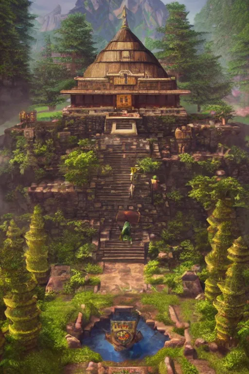 Image similar to Legend of Zelda Majora’s box artwork of a temple by Gregory Crewdson, Matte painting, trending on artstation and unreal engine