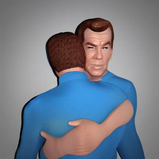 Image similar to Captain James T. Kirk and Spock hugging 3D render, high quality