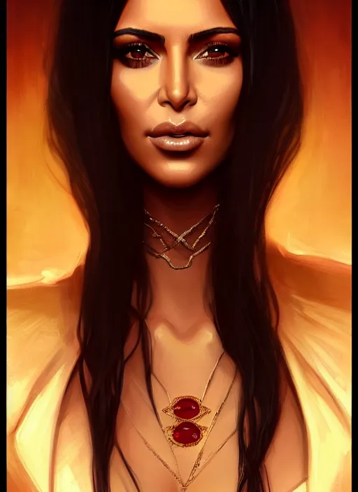 Prompt: portrait of kim kardashian as a vampire lord, jewelry, greek, ruby, intricate, headshot, highly detailed, digital painting, artstation, concept art, sharp focus, cinematic lighting, illustration, art by artgerm and greg rutkowski, alphonse mucha, cgsociety