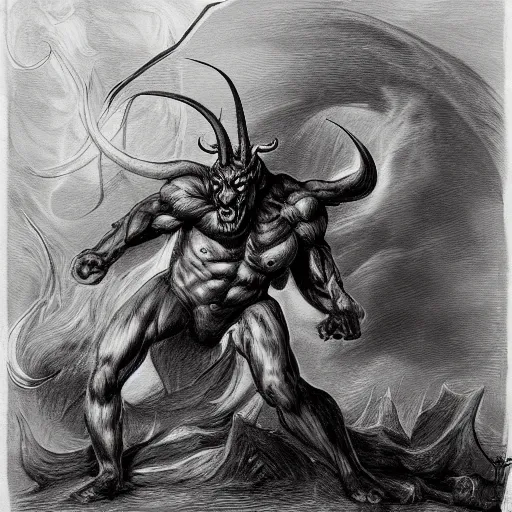 Prompt: full body, grayscale, James Daly, Gustave Dore, muscled humanoid balrog demon, horns, claws, large horned tail, heroic pose, swirling flames